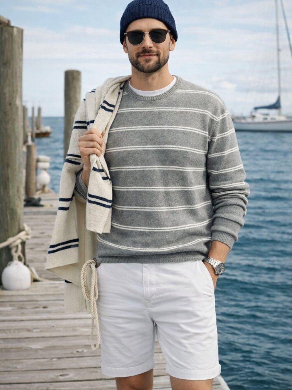 Men’s100% Cotton Gray & White Striped Long Sleeve Crewneck Knit Pullover XXL